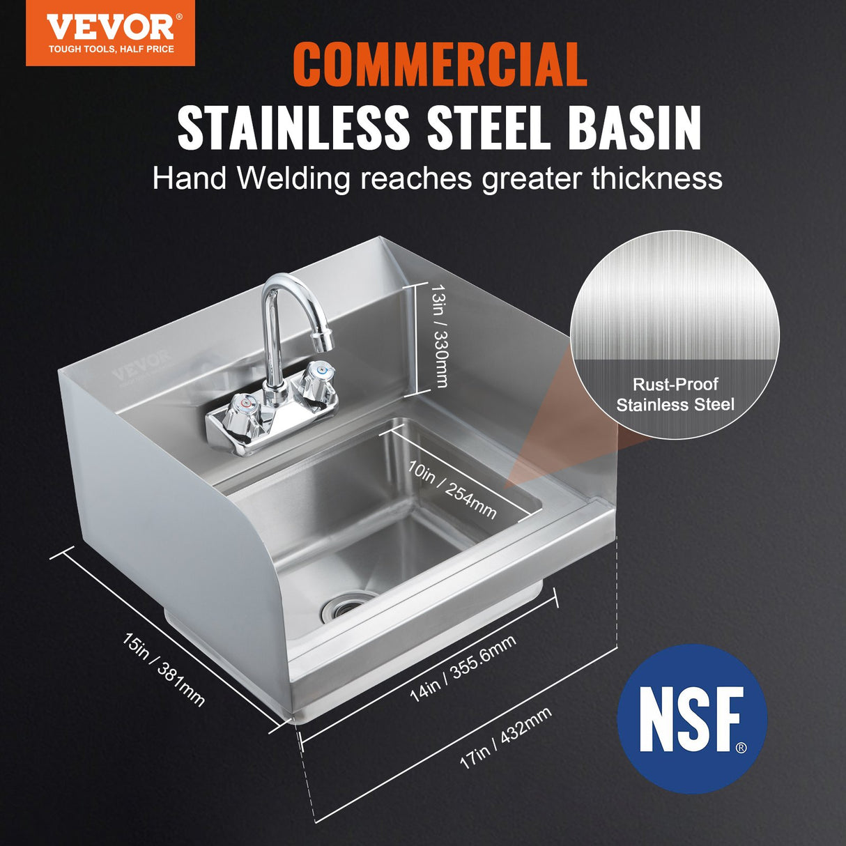 VEVOR Commercial Hand Sink with Faucet and Side Splash, NSF Stainless Steel Sink for Washing, Small Hand Washing Sink, Wall Mount Hand Basin for Restaurant, Kitchen, Bar, Garage and Home, 43x33 cm