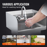 VEVOR Commercial Hand Sink with Faucet and Side Splash, NSF Stainless Steel Sink for Washing, Small Hand Washing Sink, Wall Mount Hand Basin for Restaurant, Kitchen, Bar, Garage and Home, 43x33 cm - Rear View