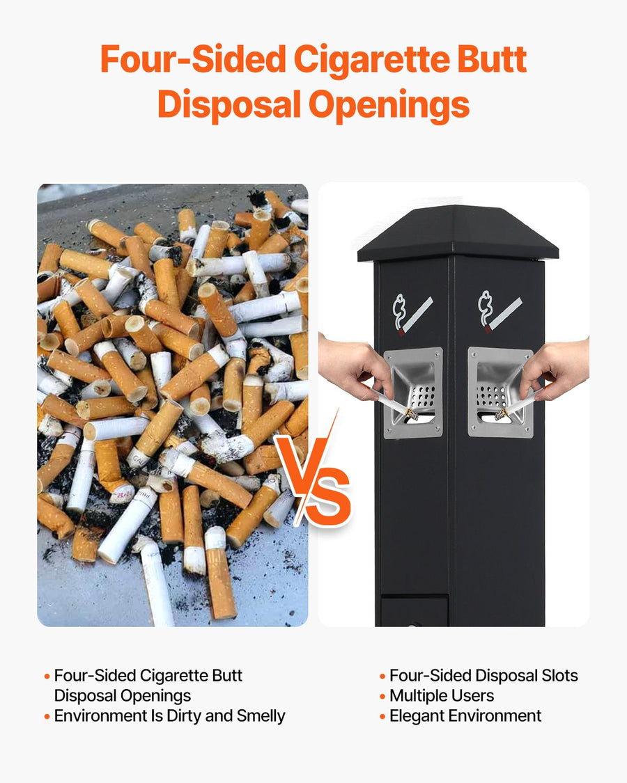 Cigarette Butt Receptacle, Weatherproof Cigarette Butt Container with 4 Disposal Openings & Top Cover, Freestanding Outdoor Cigarette Butt Disposal for Garden, Office, Restaurant, Hotel, Black