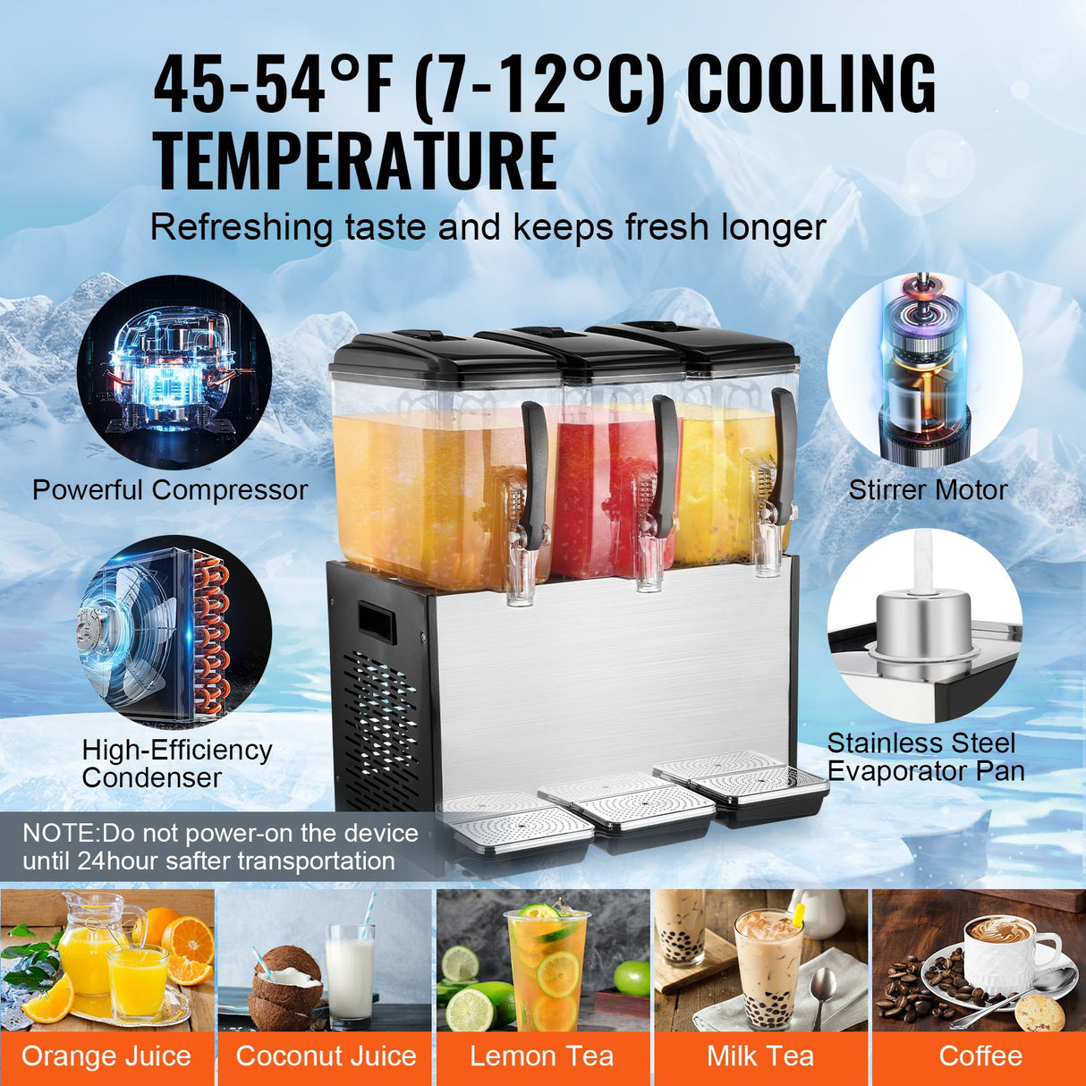 VEVOR Commercial Beverage Dispenser, 3 Tanks 12 L Per Tank Juice Dispenser, 370W Stainless Steel Ice Tea Drink Machine with 7℃-12℃ Cooling Temperature, for Cold Drink Restaurant Bar Party