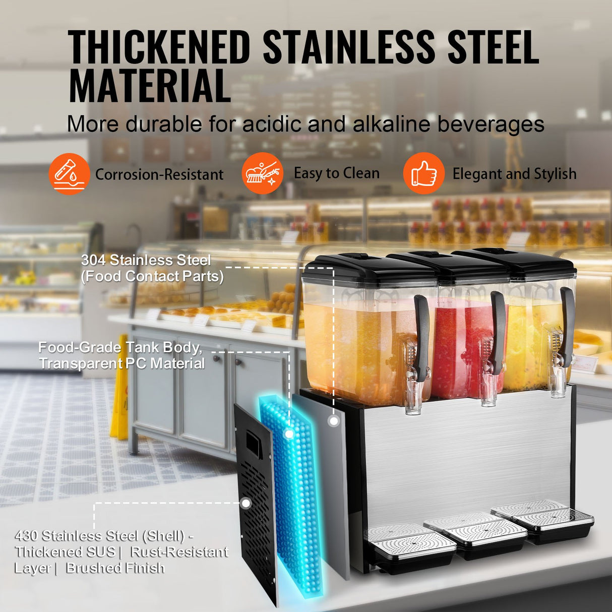 Commercial Beverage Dispenser, 3 Tanks 12 L Per Tank Juice Dispenser, 370W Stainless Steel Ice Tea Drink Machine with 7℃-12℃ Cooling Temperature, for Cold Drink Restaurant Bar Party