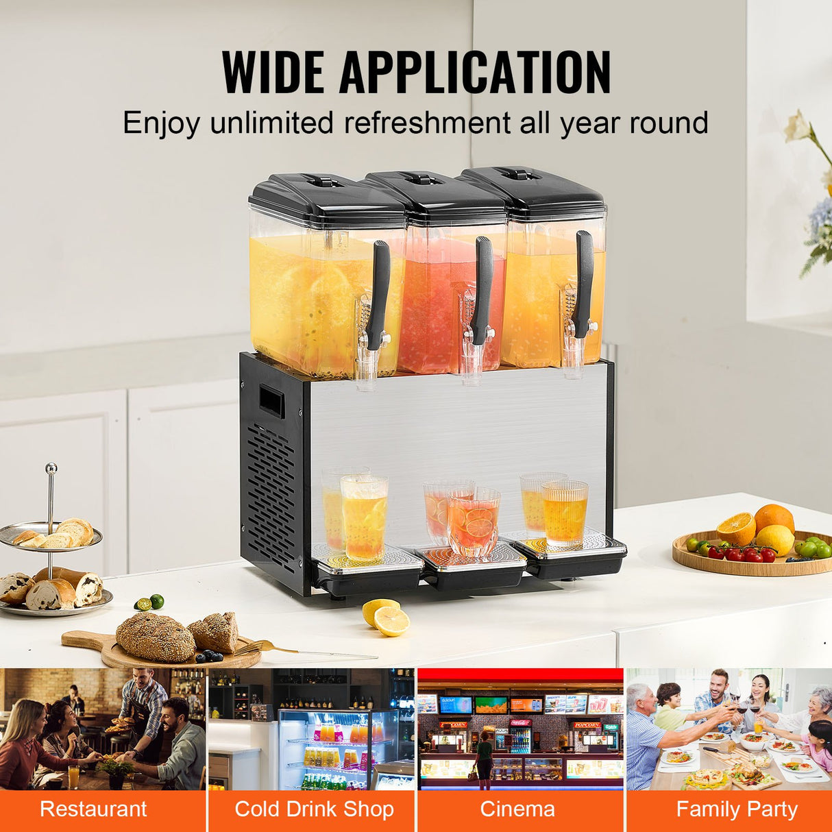 Commercial Beverage Dispenser, 3 Tanks 12 L Per Tank Juice Dispenser, 370W Stainless Steel Ice Tea Drink Machine with 7℃-12℃ Cooling Temperature, for Cold Drink Restaurant Bar Party