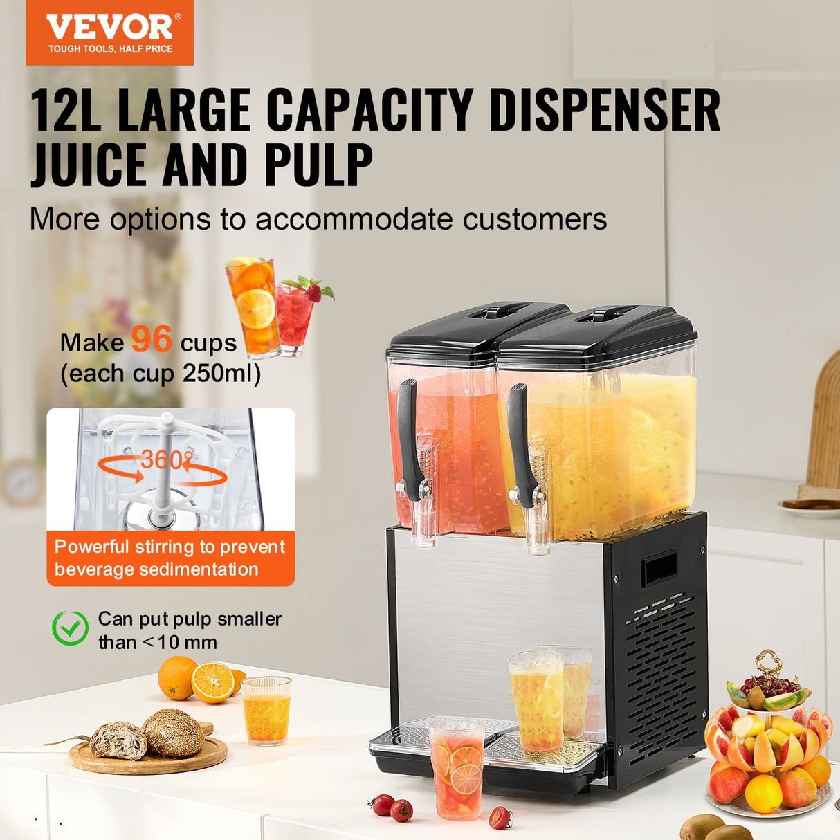 Commercial Beverage Dispenser, 2 Tanks 12 L Per Tank Juice Dispenser, 286W Stainless Steel Ice Tea Drink Machine with 7℃-12℃ Cooling Temperature, for Cold Drink Restaurant Bar Party