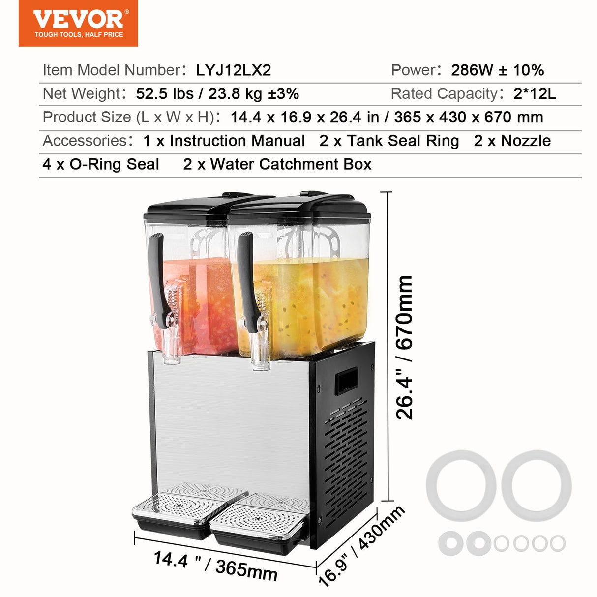 Commercial Beverage Dispenser, 2 Tanks 12 L Per Tank Juice Dispenser, 286W Stainless Steel Ice Tea Drink Machine with 7℃-12℃ Cooling Temperature, for Cold Drink Restaurant Bar Party