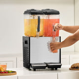 VEVOR Commercial Beverage Dispenser, 2 Tanks 12 L Per Tank Juice Dispenser, 286W Stainless Steel Ice Tea Drink Machine with 7℃-12℃ Cooling Temperature, for Cold Drink Restaurant Bar Party - Low Angle