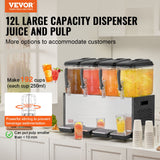 VEVOR Commercial Beverage Dispenser, 4 Tanks 12 L Per Tank Juice Dispenser, 510W Stainless Steel Ice Tea Drink Machine with 7℃-12℃ Cooling Temperature, for Cold Drink Restaurant Bar Party - Front View
