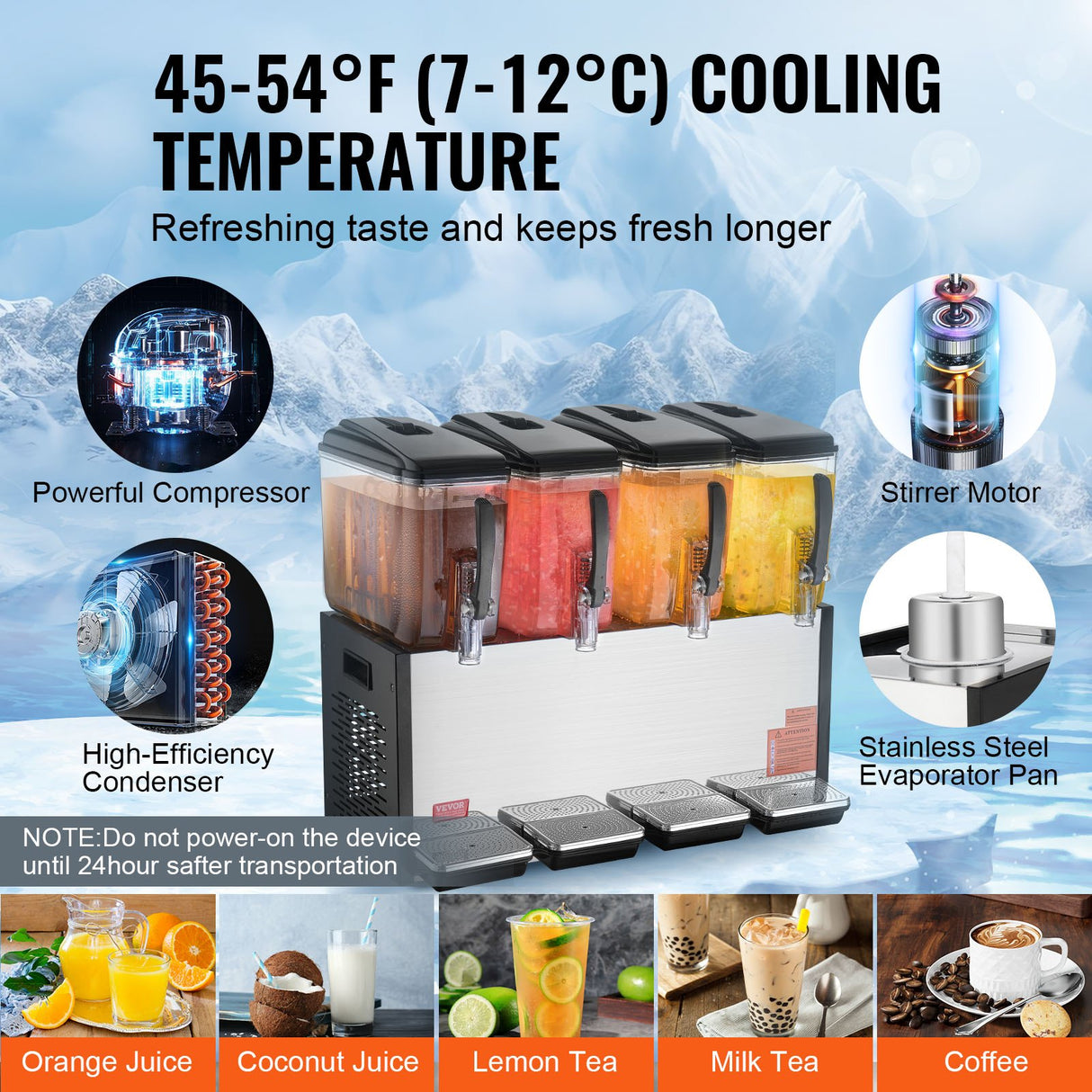 Commercial Beverage Dispenser, 4 Tanks 12 L Per Tank Juice Dispenser, 510W Stainless Steel Ice Tea Drink Machine with 7℃-12℃ Cooling Temperature, for Cold Drink Restaurant Bar Party