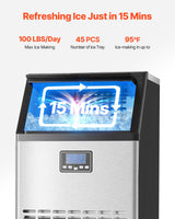Commercial Ice Maker Machine, 100lbs/24H Ice Maker Machine with 33lbs Storage Capacity, 45 Ice Cubes in 15 Minutes, LED Digital Display Freestanding Self-Cleaning for Bar Office Restaurant