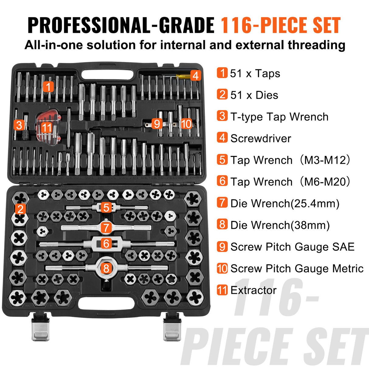 VEVOR Tap and Die Set, 116-Piece Include Metric and SAE Size, Bearing Steel Taps and Dies, Essential Threading Tool for Cutting External Internal
