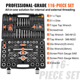 VEVOR Tap and Die Set, 116-Piece Include Metric and SAE Size, Bearing Steel Taps and Dies, Essential Threading Tool for Cutting External Internal