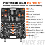 VEVOR Tap and Die Set, 116-Piece Include Metric and SAE Size, Bearing Steel Taps and Dies, Essential Threading Tool for Cutting External Internal Threads, with Complete Accessories and Storage Case - Top-Down View