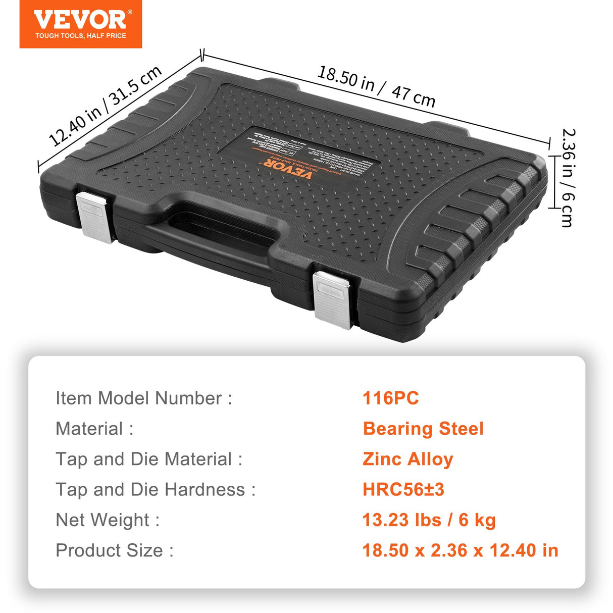 VEVOR Tap and Die Set, 116-Piece Include Metric and SAE Size, Bearing Steel Taps and Dies, Essential Threading Tool for Cutting External Internal