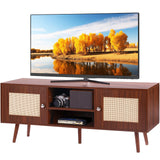 VEVOR Rattan TV Stand Boho TV Cabinet for 55 inch TV Mid Century Modern TV Stand Rattan TV Console with Adjustable Shelfs for Living Room Media Room Walnut - Front View