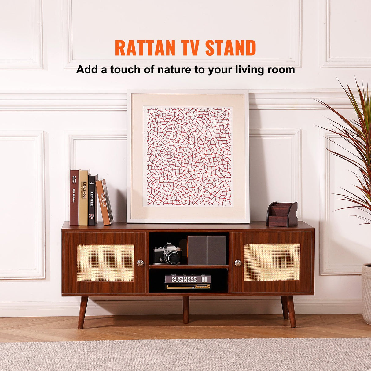 VEVOR Rattan TV Stand Boho TV Cabinet for 55 inch TV Mid Century Modern TV Stand Rattan TV Console with Adjustable Shelfs for Living Room Media Room Walnut
