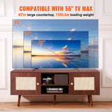 VEVOR Rattan TV Stand Boho TV Cabinet for 55 inch TV Mid Century Modern TV Stand Rattan TV Console with Adjustable Shelfs for Living Room Media Room Walnut - Top-Down View