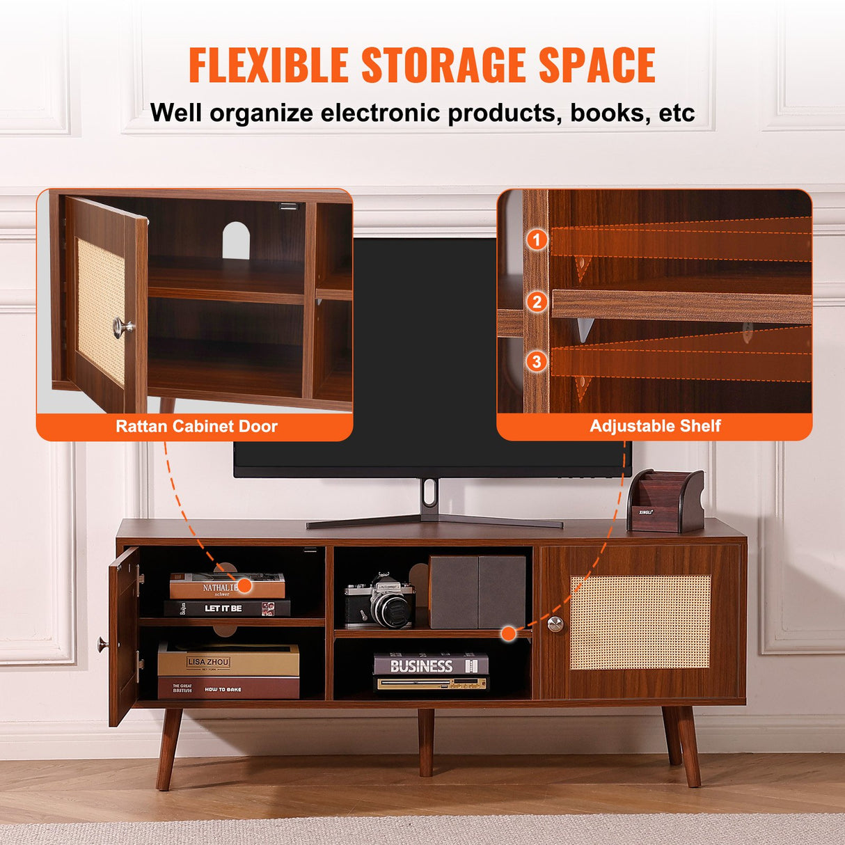 VEVOR Rattan TV Stand Boho TV Cabinet for 55 inch TV Mid Century Modern TV Stand Rattan TV Console with Adjustable Shelfs for Living Room Media Room Walnut