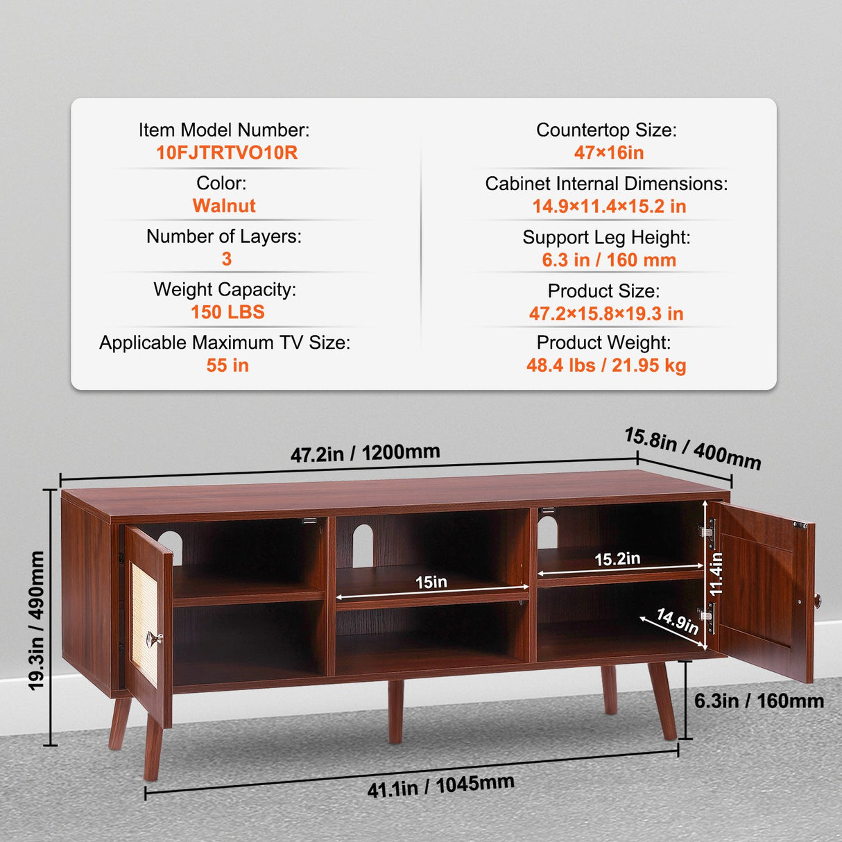 VEVOR Rattan TV Stand Boho TV Cabinet for 55 inch TV Mid Century Modern TV Stand Rattan TV Console with Adjustable Shelfs for Living Room Media Room Walnut
