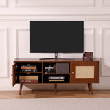 VEVOR Rattan TV Stand Boho TV Cabinet for 55 inch TV Mid Century Modern TV Stand Rattan TV Console with Adjustable Shelfs for Living Room Media Room Walnut