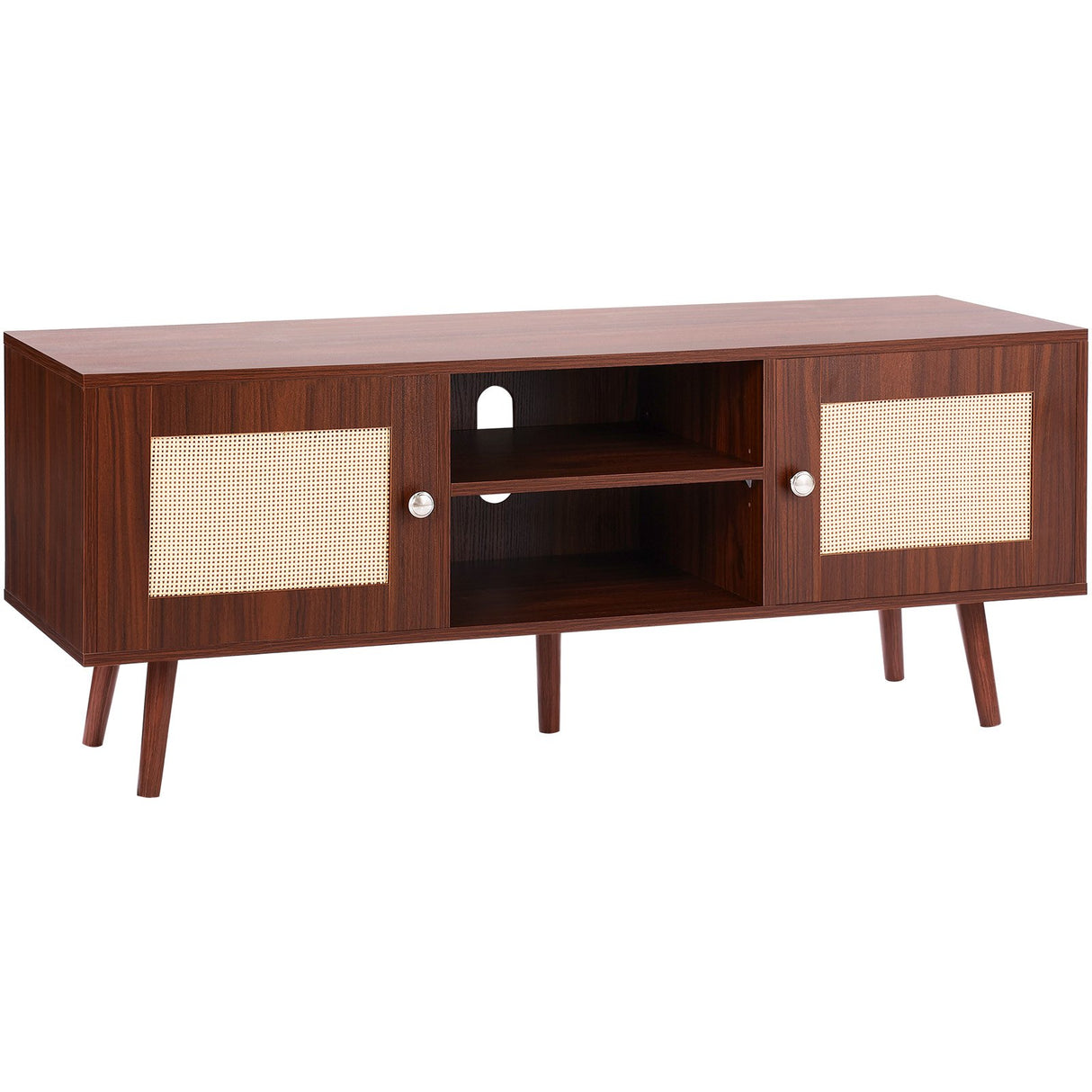 VEVOR Rattan TV Stand Boho TV Cabinet for 55 inch TV Mid Century Modern TV Stand Rattan TV Console with Adjustable Shelfs for Living Room Media Room Walnut