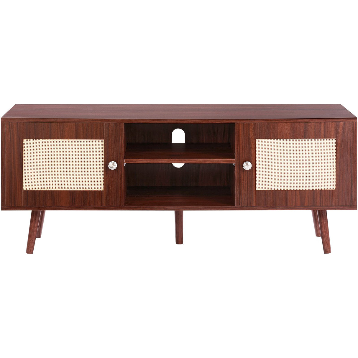 VEVOR Rattan TV Stand Boho TV Cabinet for 55 inch TV Mid Century Modern TV Stand Rattan TV Console with Adjustable Shelfs for Living Room Media Room Walnut