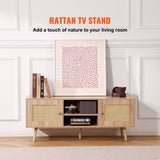 VEVOR Rattan TV Stand Boho TV Cabinet for 55 inch TV Mid Century Modern TV Stand Rattan TV Console with Adjustable Shelfs for Living Room Media Room Oak - Side View