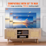 VEVOR Rattan TV Stand Boho TV Cabinet for 55 inch TV Mid Century Modern TV Stand Rattan TV Console with Adjustable Shelfs for Living Room Media Room Oak - Top-Down View