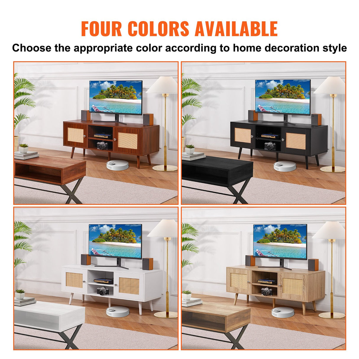 VEVOR Rattan TV Stand Boho TV Cabinet for 55 inch TV Mid Century Modern TV Stand Rattan TV Console with Adjustable Shelfs for Living Room Media Room Oak