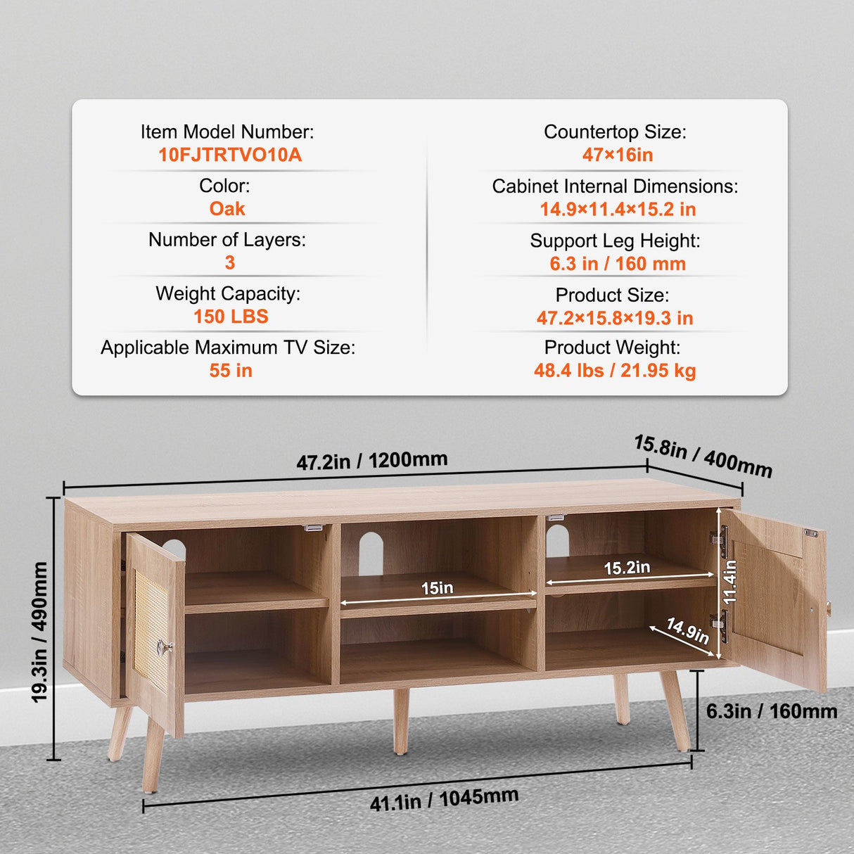 VEVOR Rattan TV Stand Boho TV Cabinet for 55 inch TV Mid Century Modern TV Stand Rattan TV Console with Adjustable Shelfs for Living Room Media Room Oak