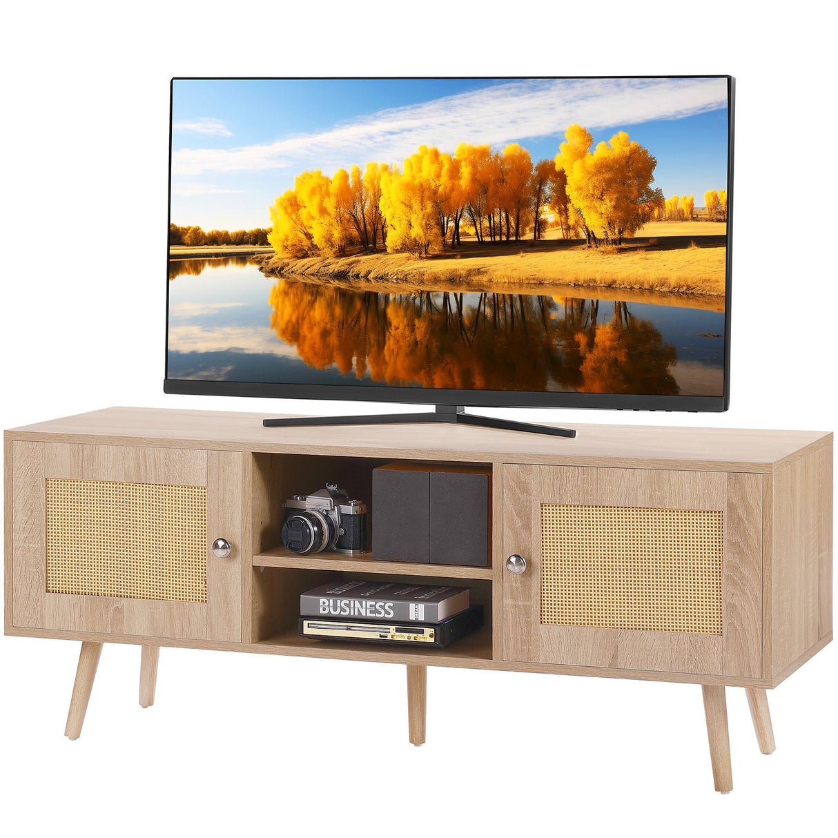 VEVOR Rattan TV Stand Boho TV Cabinet for 55 inch TV Mid Century Modern TV Stand Rattan TV Console with Adjustable Shelfs for Living Room Media Room Oak