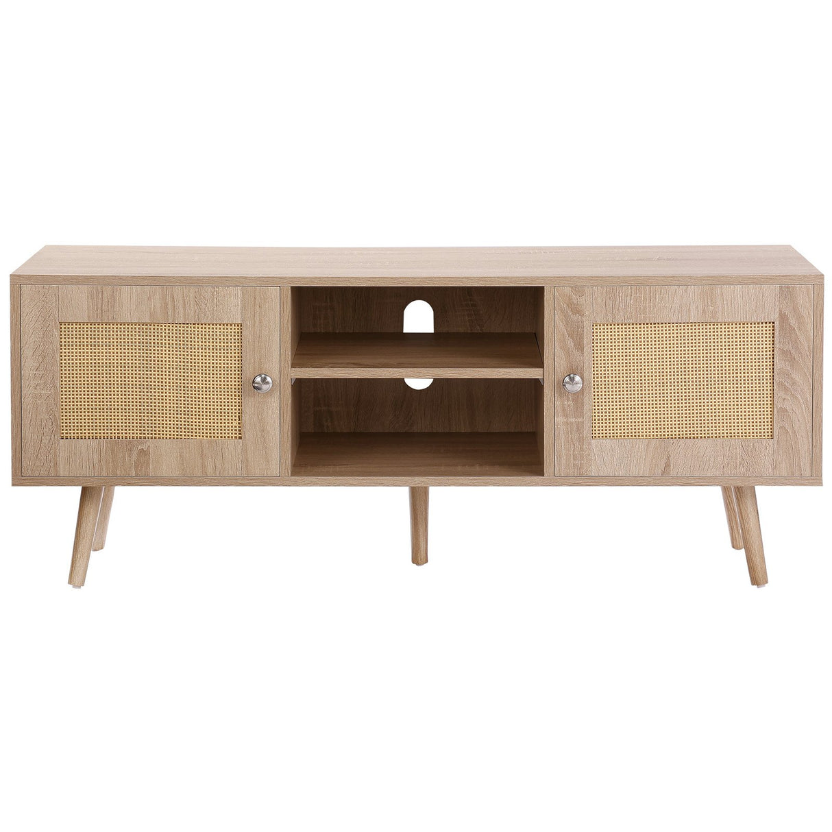 VEVOR Rattan TV Stand Boho TV Cabinet for 55 inch TV Mid Century Modern TV Stand Rattan TV Console with Adjustable Shelfs for Living Room Media Room Oak