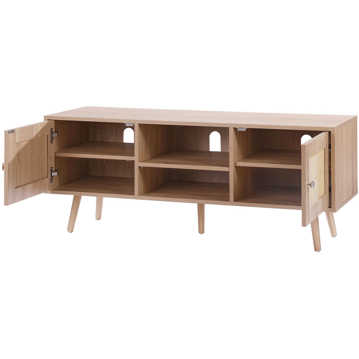 VEVOR Rattan TV Stand Boho TV Cabinet for 55 inch TV Mid Century Modern TV Stand Rattan TV Console with Adjustable Shelfs for Living Room Media Room Oak