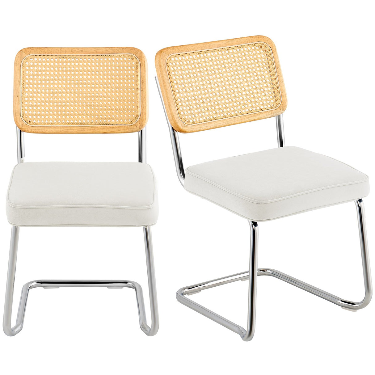 VEVOR Rattan Chairs Set of 2 Mid Century Modern Dining Chair Upholstered Velvet Accent Chair with Rattan Back Retro Dining Room Kitchen Chair for Living Room Bedroom Reading Room Office White