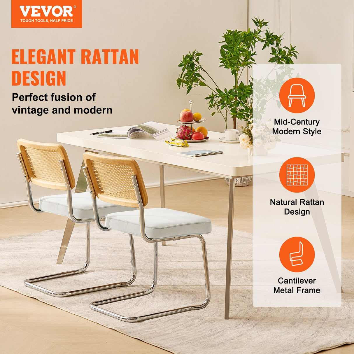 VEVOR Rattan Chairs Set of 2 Mid Century Modern Dining Chair Upholstered Velvet Accent Chair with Rattan Back Retro Dining Room Kitchen Chair for Living Room Bedroom Reading Room Office White