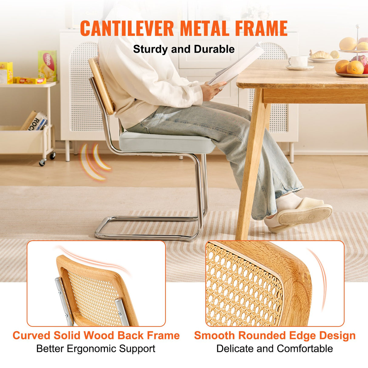 VEVOR Rattan Chairs Set of 2 Mid Century Modern Dining Chair Upholstered Velvet Accent Chair with Rattan Back Retro Dining Room Kitchen Chair for Living Room Bedroom Reading Room Office White
