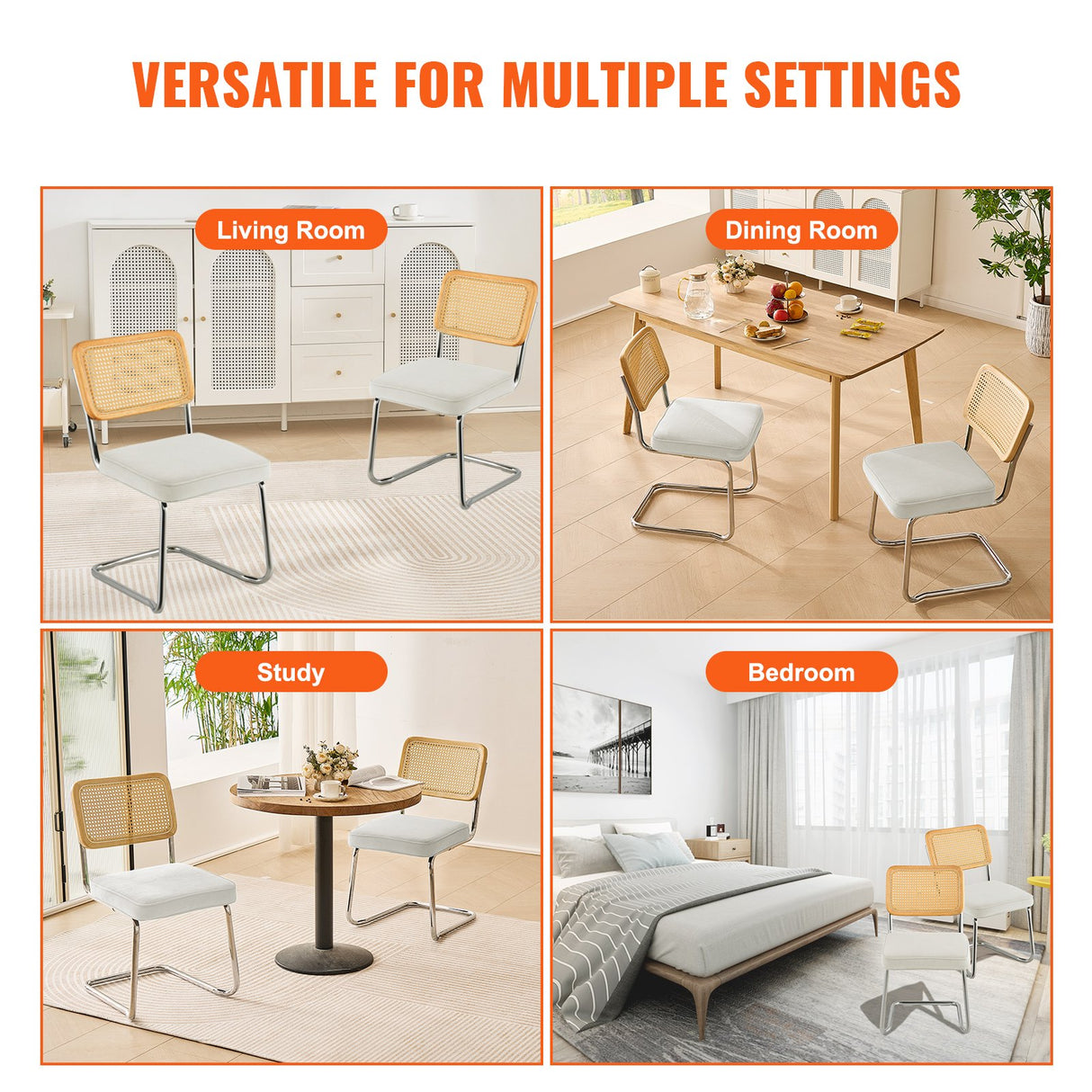 VEVOR Rattan Chairs Set of 2 Mid Century Modern Dining Chair Upholstered Velvet Accent Chair with Rattan Back Retro Dining Room Kitchen Chair for Living Room Bedroom Reading Room Office White