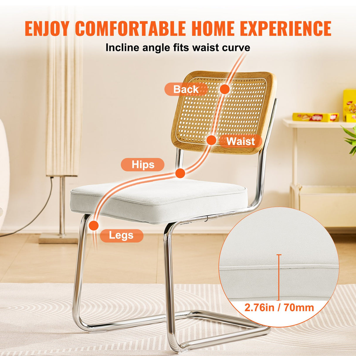 VEVOR Rattan Chairs Set of 2 Mid Century Modern Dining Chair Upholstered Velvet Accent Chair with Rattan Back Retro Dining Room Kitchen Chair for Living Room Bedroom Reading Room Office White