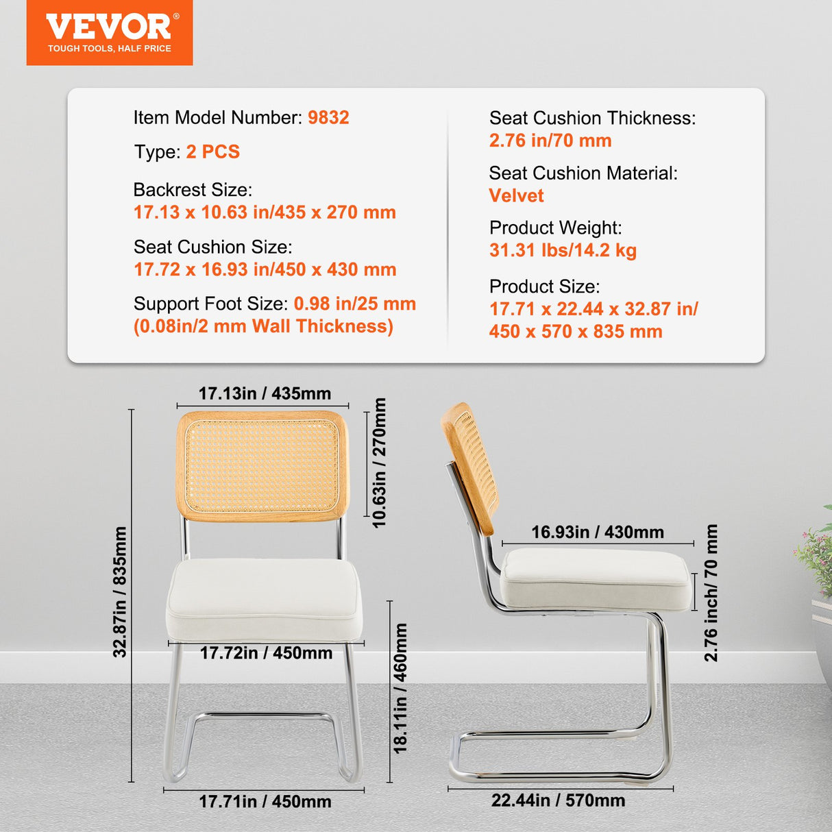 VEVOR Rattan Chairs Set of 2 Mid Century Modern Dining Chair Upholstered Velvet Accent Chair with Rattan Back Retro Dining Room Kitchen Chair for Living Room Bedroom Reading Room Office White