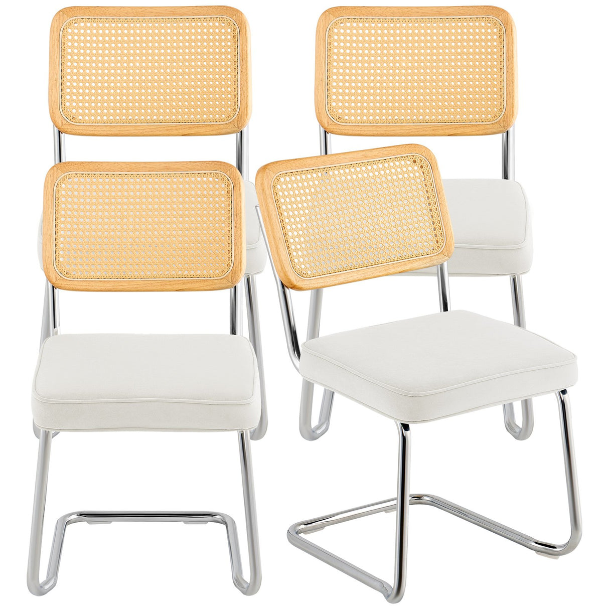 VEVOR Rattan Chairs Set of 4 Mid Century Modern Dining Chair Upholstered Velvet Accent Chair with Rattan Back Retro Dining Room Kitchen Chair for Living Room Bedroom Reading Room Office White