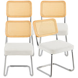 VEVOR Rattan Chairs Set of 4 Mid Century Modern Dining Chair Upholstered Velvet Accent Chair with Rattan Back Retro Dining Room Kitchen Chair for Living Room Bedroom Reading Room Office White