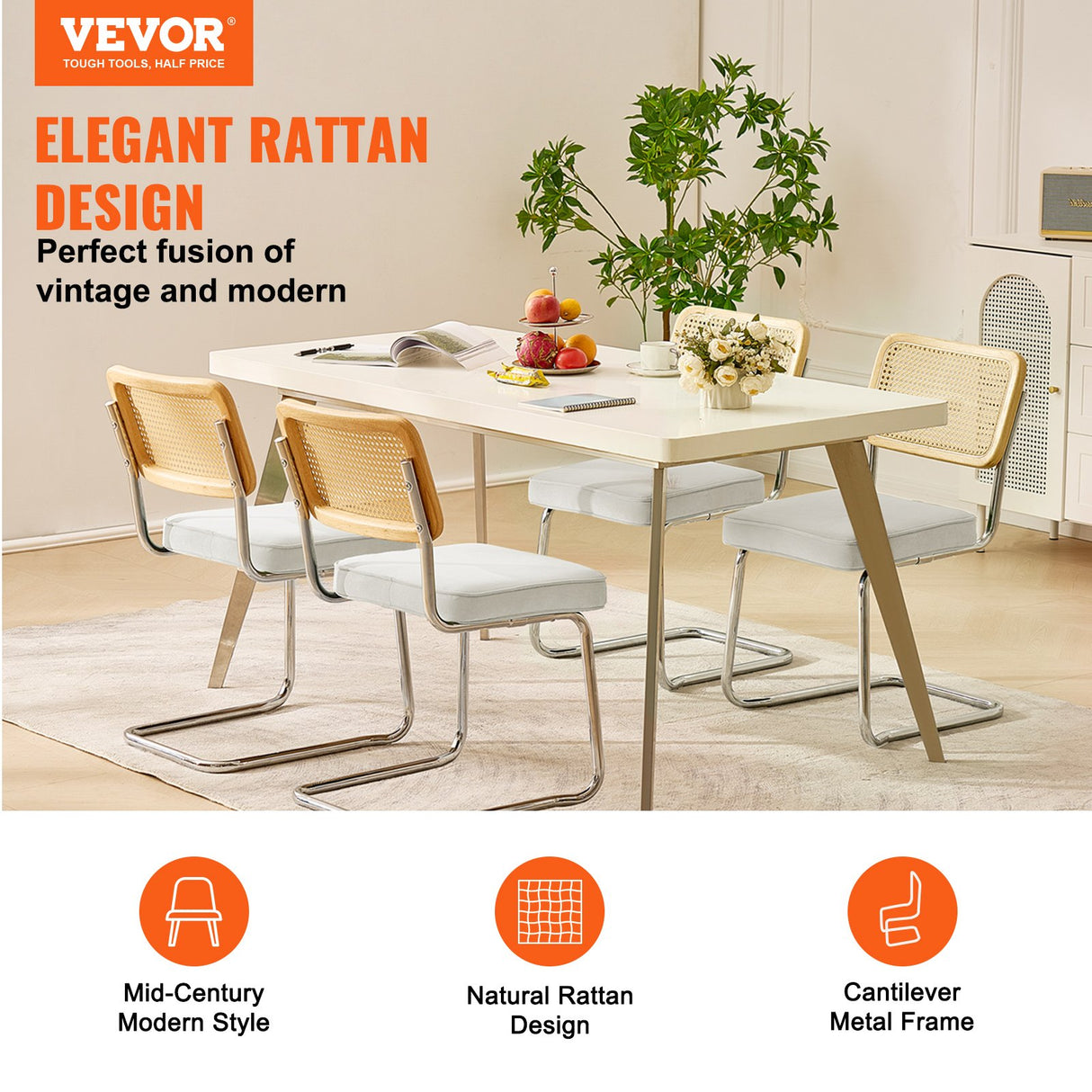 VEVOR Rattan Chairs Set of 4 Mid Century Modern Dining Chair Upholstered Velvet Accent Chair with Rattan Back Retro Dining Room Kitchen Chair for Living Room Bedroom Reading Room Office White