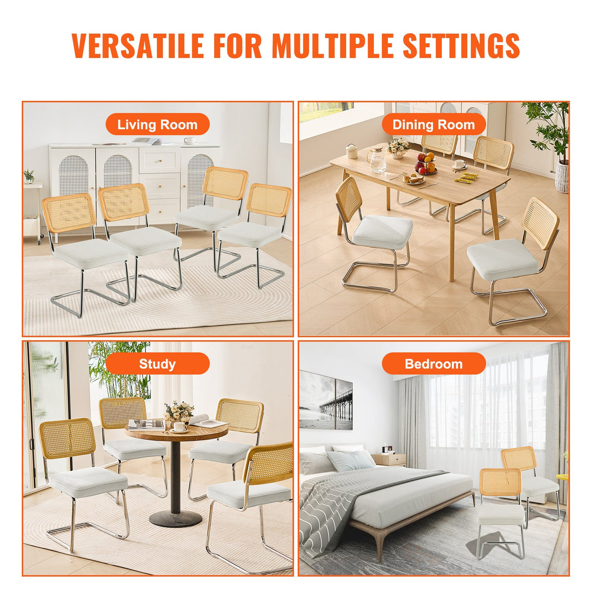 VEVOR Rattan Chairs Set of 4 Mid Century Modern Dining Chair Upholstered Velvet Accent Chair with Rattan Back Retro Dining Room Kitchen Chair for Living Room Bedroom Reading Room Office White