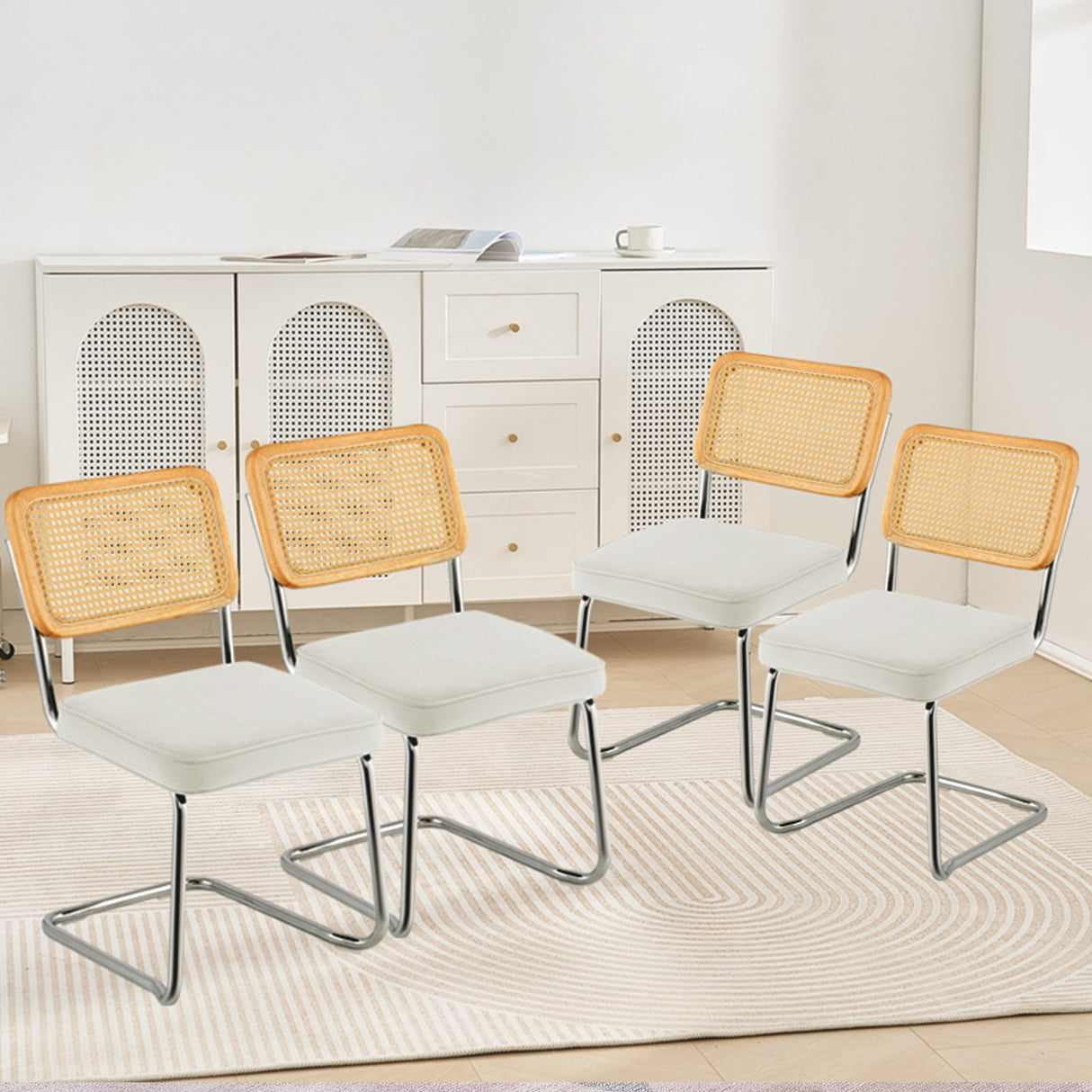 VEVOR Rattan Chairs Set of 4 Mid Century Modern Dining Chair Upholstered Velvet Accent Chair with Rattan Back Retro Dining Room Kitchen Chair for Living Room Bedroom Reading Room Office White