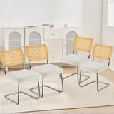 VEVOR Rattan Chairs Set of 4 Mid Century Modern Dining Chair Upholstered Velvet Accent Chair with Rattan Back Retro Dining Room Kitchen Chair for Living Room Bedroom Reading Room Office White - Low Angle
