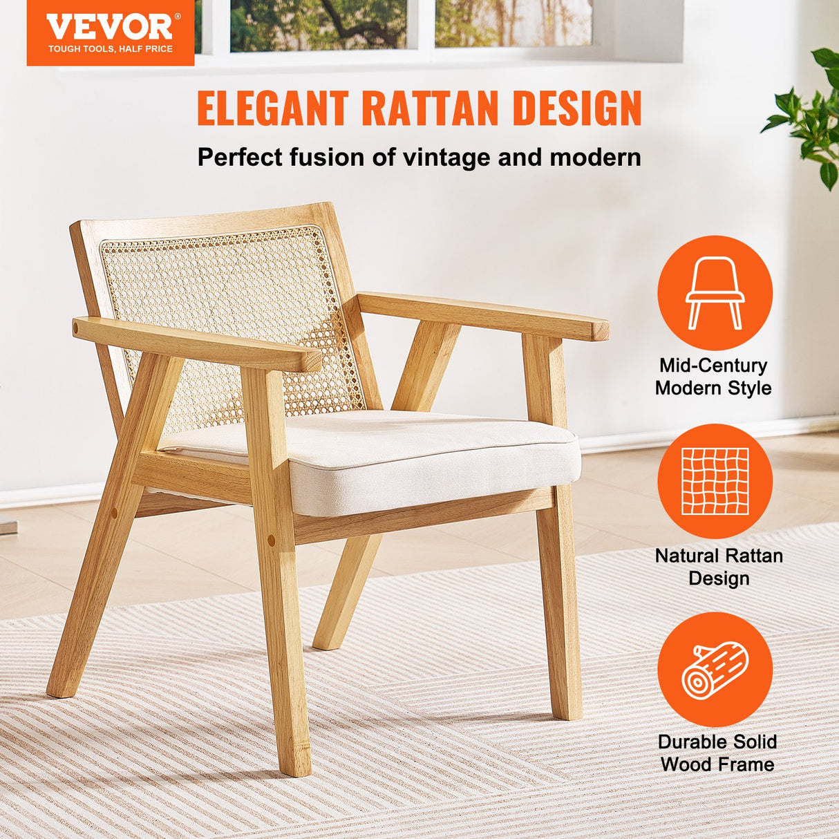 VEVOR Rattan Chair, Mid Century Modern Dining Chair with Armrest, Upholstered Chair with Rattan Back, Retro Rattan Dining Room Kitchen Chair for Living Room, Bedroom, Reading Room, and Office, Beige