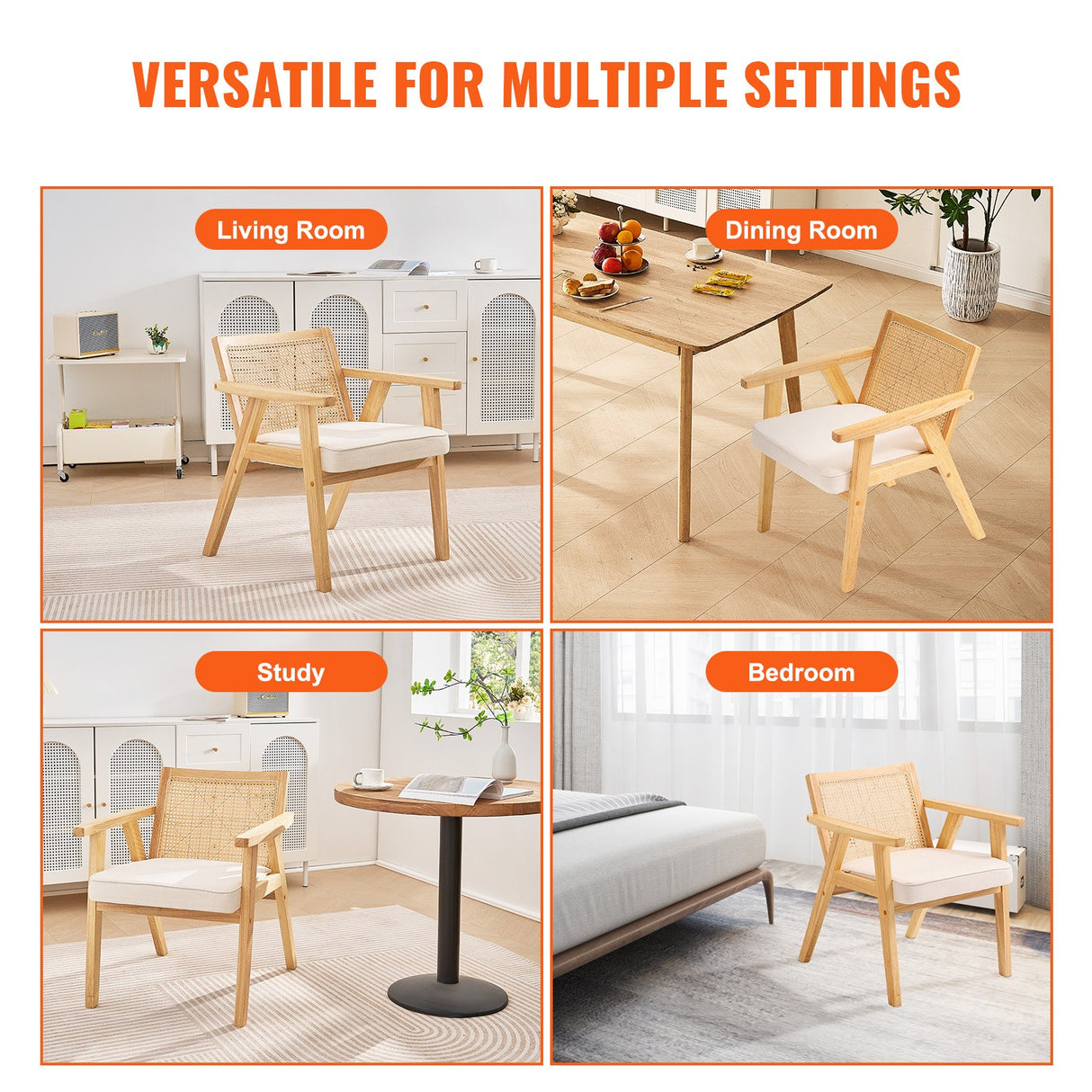 VEVOR Rattan Chair, Mid Century Modern Dining Chair with Armrest, Upholstered Chair with Rattan Back, Retro Rattan Dining Room Kitchen Chair for