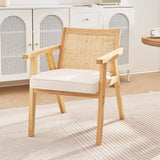VEVOR Rattan Chair, Mid Century Modern Dining Chair with Armrest, Upholstered Chair with Rattan Back, Retro Rattan Dining Room Kitchen Chair for Living Room, Bedroom, Reading Room, and Office, Beige - Low Angle