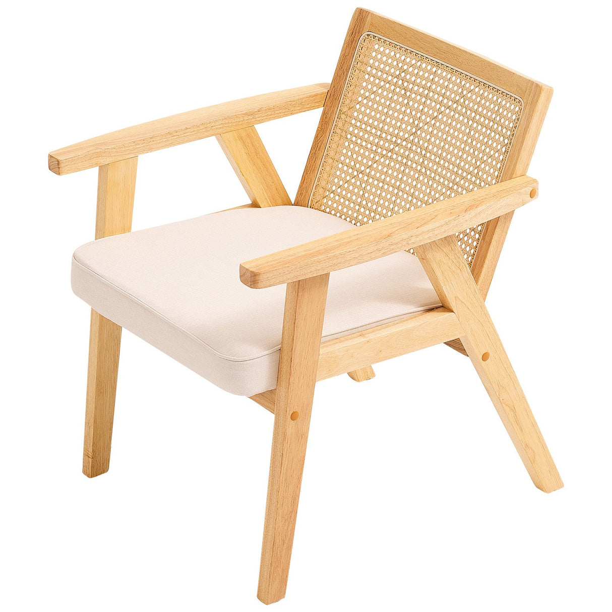 VEVOR Rattan Chair, Mid Century Modern Dining Chair with Armrest, Upholstered Chair with Rattan Back, Retro Rattan Dining Room Kitchen Chair for Living Room, Bedroom, Reading Room, and Office, Beige