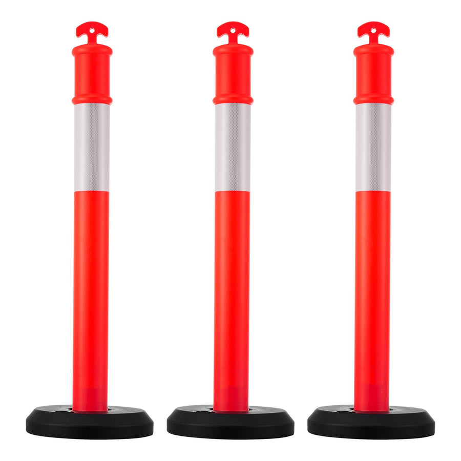 3 Pack Traffic Delineator Posts, 1140 mm Traffic Safety Cones with Fillable Base and Reflective Strips, Heavy Duty Delineator Posts for Construction Site, Parking Lot, Crowd Control, Red