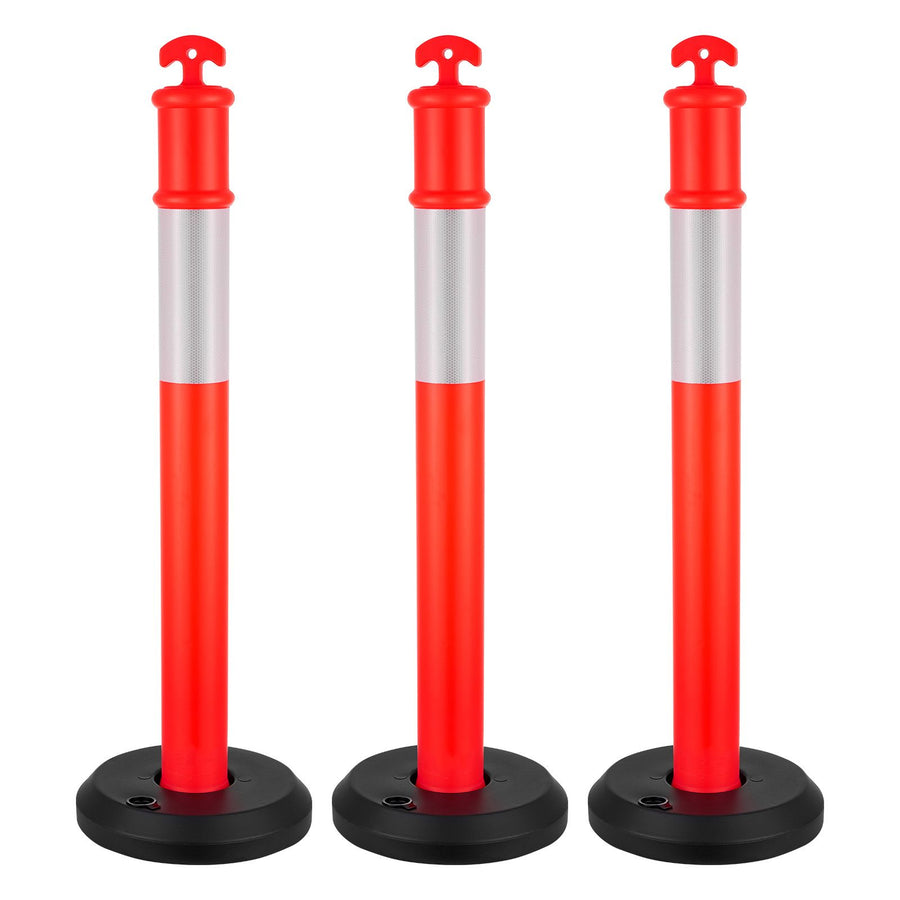 3 Pack Traffic Delineator Posts, 1140 mm Traffic Safety Cones with Fillable Base and Reflective Strips, Heavy Duty Delineator Posts for Construction Site, Parking Lot, Crowd Control, Red