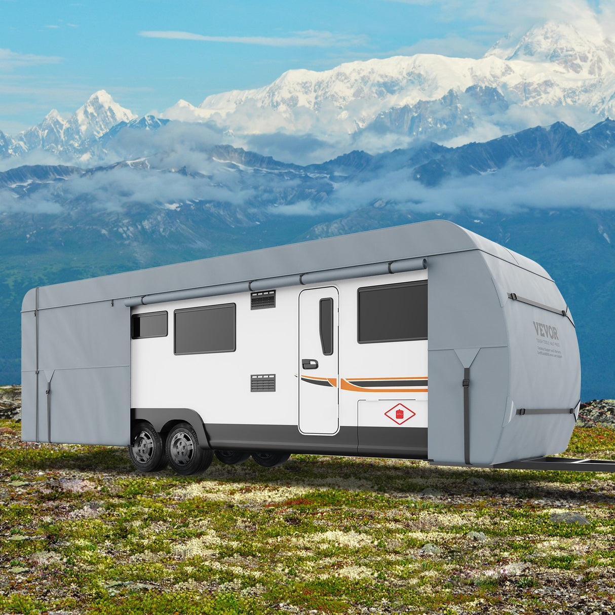 VEVOR Travel Trailer Cover, 9.1-9.8m RV Cover, 4-Layer Non-Woven Fabric Camper Cover, Waterproof, Windproof And Wear-Resistant Class A RV Cover, Rip-